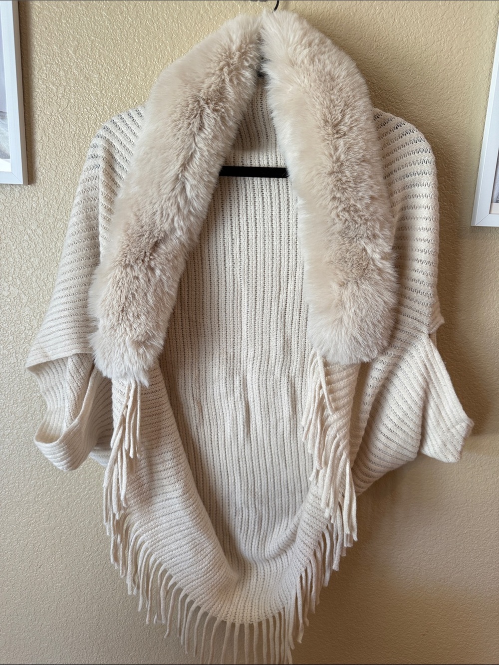 Faux-Fur Trim Cream Knit Poncho Shrug